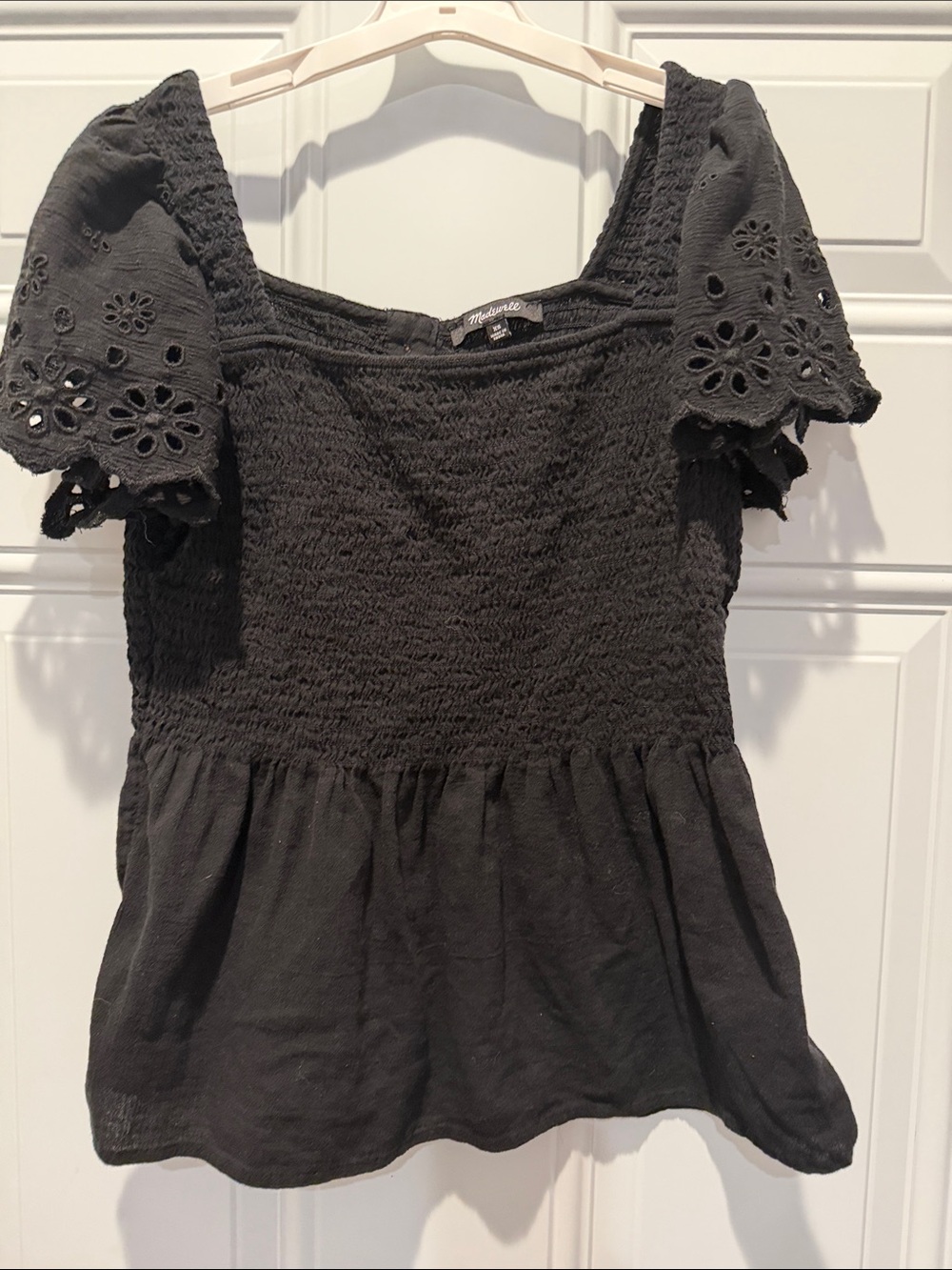 Madewell Black Smocked Square-Neck Peplum Blouse